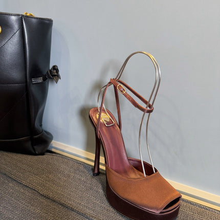 YSL 26S PLATFORM SANDALS 150 MM IN BROWN SATIN