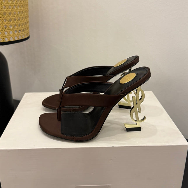 YSL 26S TOE-POST HIGH HEEL SANDALS IN DARK BROWN SATIN