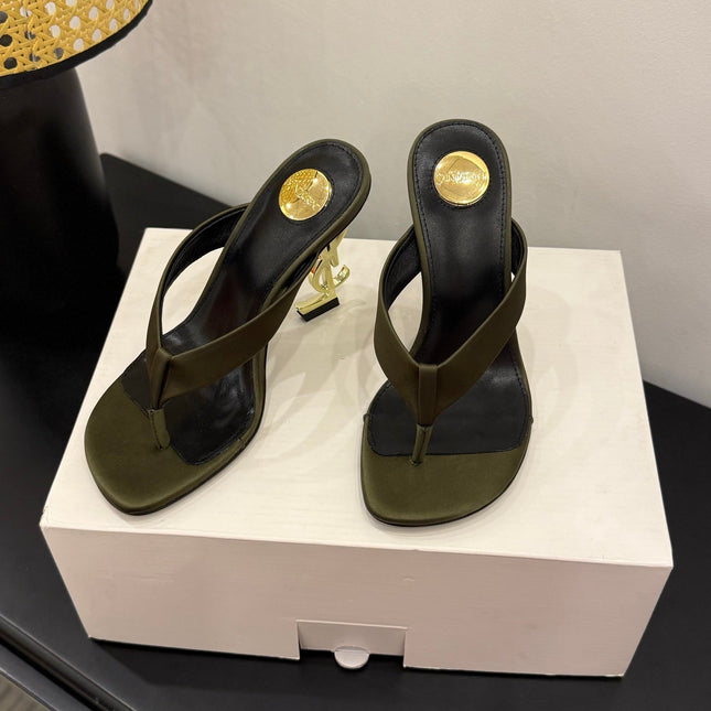 YSL 26S TOE-POST HIGH HEEL SANDALS IN MOSS GREEN SATIN