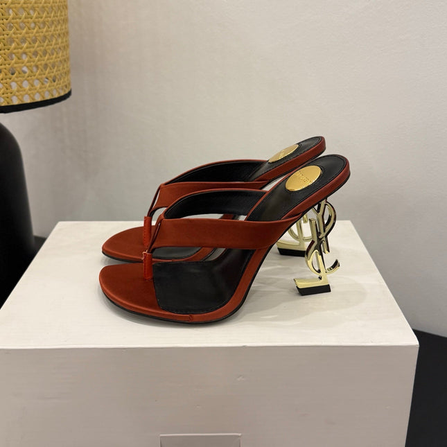 YSL 26S TOE-POST HIGH HEEL SANDALS IN ORANGE SATIN