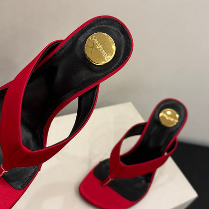 YSL 26S TOE-POST HIGH HEEL SANDALS IN RED SATIN