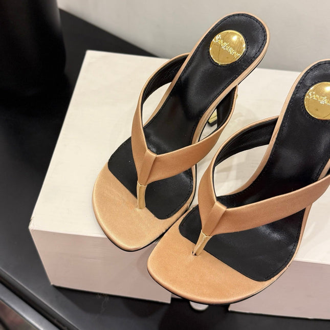 YSL 26S TOE-POST HIGH HEEL SANDALS IN SANDY BROWN SATIN