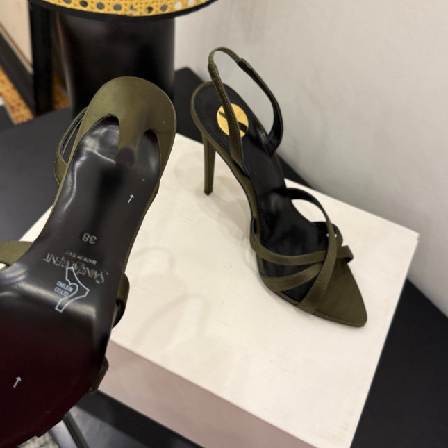 YSL 26S HIGH-HEELED SANDALS 105 MM IN MOSS GREEN SATIN