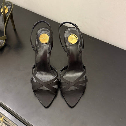 YSL 26S HIGH-HEELED SANDALS 105 MM IN BLACK SATIN
