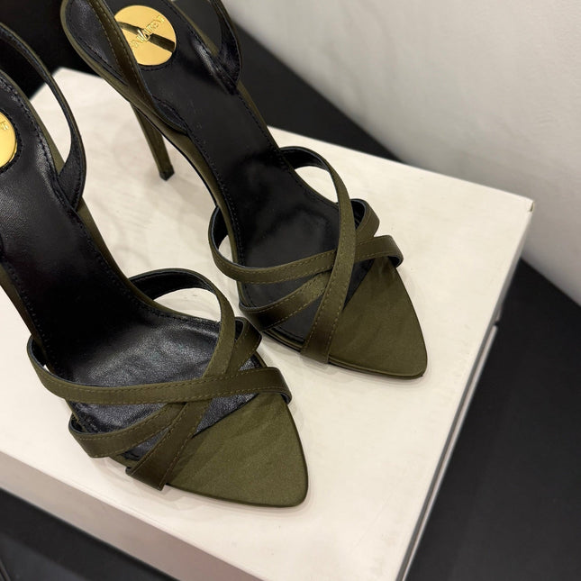 YSL 26S HIGH-HEELED SANDALS 105 MM IN MOSS GREEN SATIN