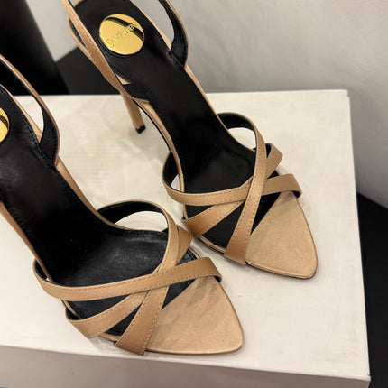 YSL 26S HIGH-HEELED SANDALS 105 MM IN SANDY BROWN SATIN