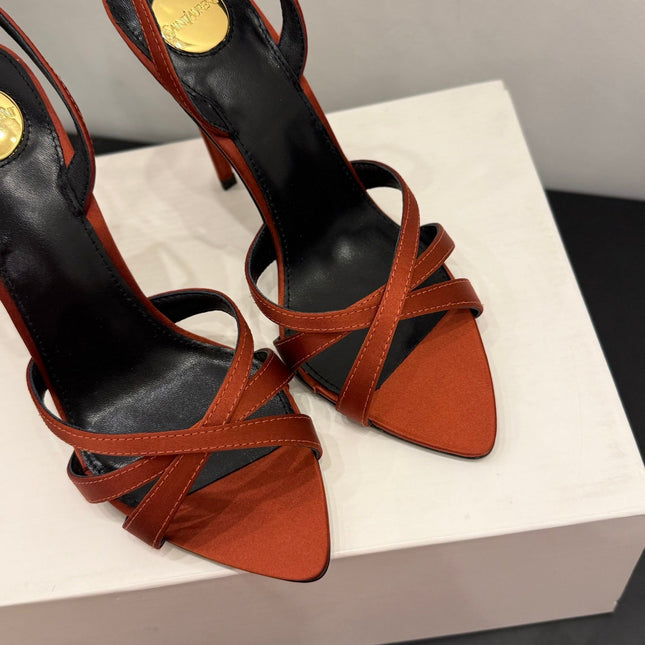 YSL 26S HIGH-HEELED SANDALS 105 MM IN ORANGE SATIN