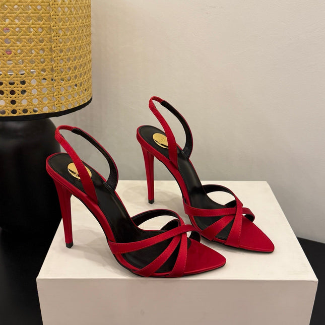 YSL 26S HIGH-HEELED SANDALS 105 MM IN RED SATIN