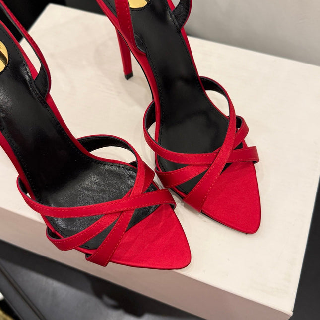 YSL 26S HIGH-HEELED SANDALS 105 MM IN RED SATIN