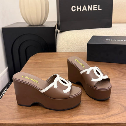 CHANEL 26S WEDGE SANDALS 95 MM IN DARK BROWN CALFSKIN