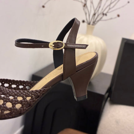 CHANEL 26S HIGH-HEELED BACK-STRAP SANDALS 60 MM IN DARK BROWN WOVEN LAMBSKIN