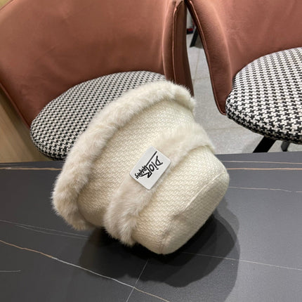 KNITTED BUCKET HAT IN WHITE FABRIC AND RABBIT FUR 431198