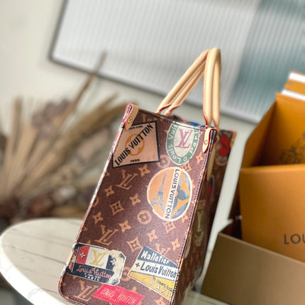 ONTHEGO VOYAGE 35 IN BROWN MONOGRAM CANVAS WITH VINTAGE HOTEL LABELS