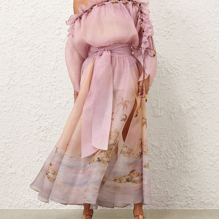 ZIMMER SILK MIDI DRESS IN PASTEL BLUE-GREEN AND LIGHT PURPLE