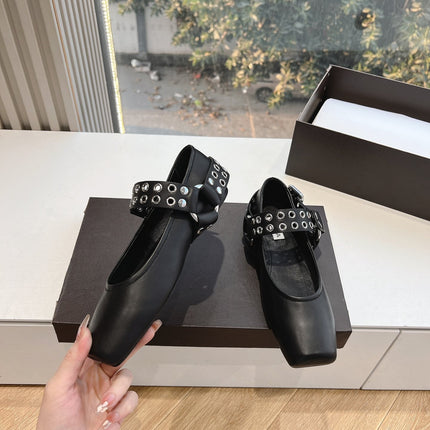 ALAIA 26S FLATS IN BLACK CALFSKIN WITH SILVER STUD STRAP
