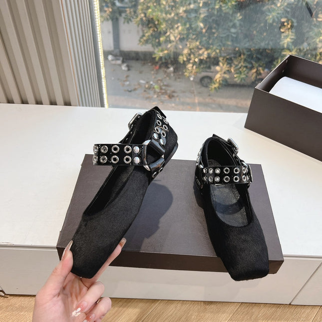 ALAIA 26S FLATS IN BLACK PONY HAIR WITH SILVER STUD STRAP