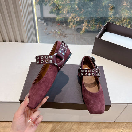 ALAIA 26S FLATS IN DARK RED SUEDE WITH SILVER STUD STRAP