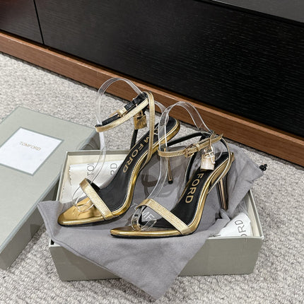 PADLOCK POINTY NAKED SANDAL 85 MM IN GOLD CALFSKIN