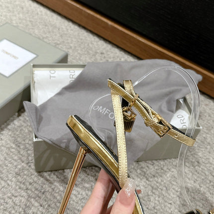 PADLOCK POINTY NAKED SANDAL 85 MM IN GOLD CALFSKIN