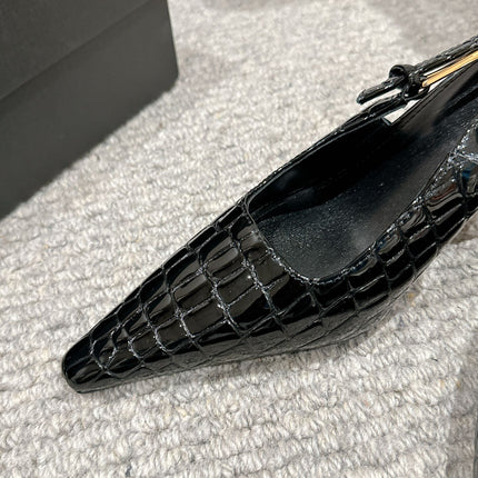 LEE SLINGBACK MID PUMPS IN BLACK CROCODILE SHINY CALFSKIN