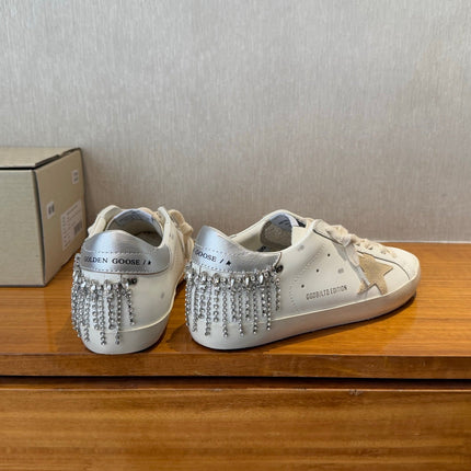 BALL STAR SNEAKERS WITH CRYSTAL TASSEL BEIGE SUEDE STAR WHITE CALFSKIN UPPER
