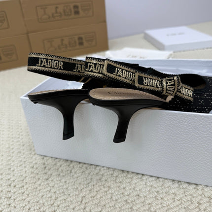 DIOR HIGH SLINGBACK 65 MM 25S IN BLACK FABRIC AND BRAND NAME EMBROIDERY