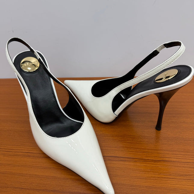 YSL 26S HEELED SLINGBACKS 100 MM IN WHITE GLOSSY CALFSKIN