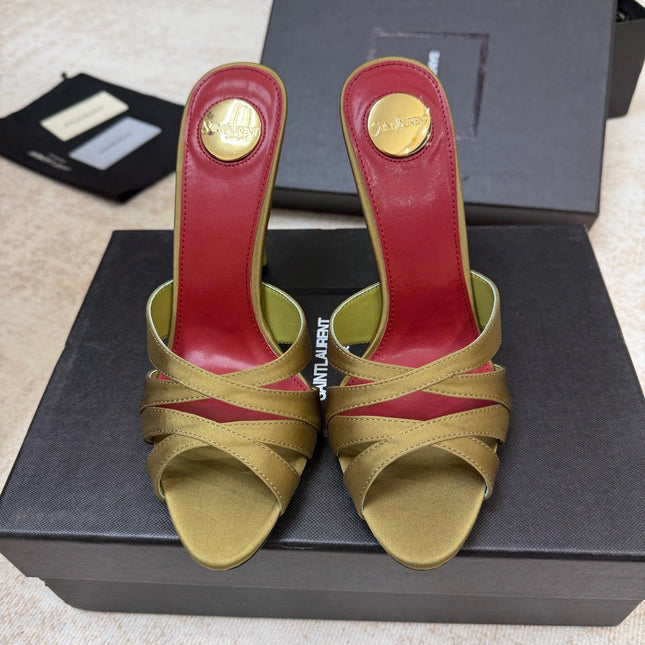 YSL 26S HEELED SANDALS 105 MM IN OLIVE GREEN SATIN