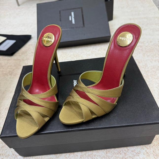 YSL 26S HEELED SANDALS 105 MM IN OLIVE GREEN SATIN