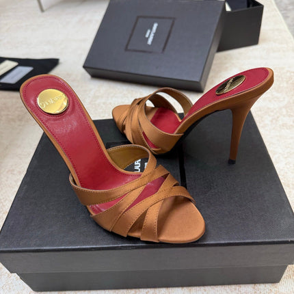YSL 26S HEELED SANDALS 105 MM IN CLAY BROWN SATIN