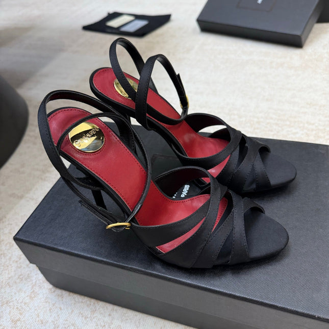 YSL 26S STRAPPY HEELED SANDALS 105 MM IN BLACK SATIN