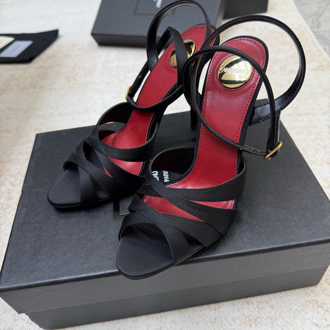 YSL 26S STRAPPY HEELED SANDALS 105 MM IN BLACK SATIN