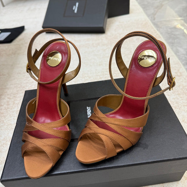 YSL 26S STRAPPY HEELED SANDALS 105 MM IN CLAY BROWN SATIN
