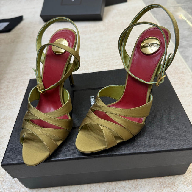 YSL 26S STRAPPY HEELED SANDALS 105 MM IN OLIVE GREEN SATIN
