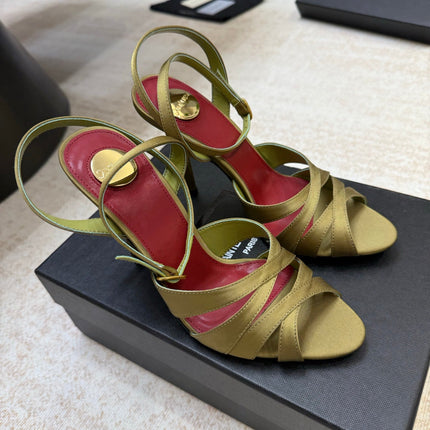 YSL 26S STRAPPY HEELED SANDALS 105 MM IN OLIVE GREEN SATIN