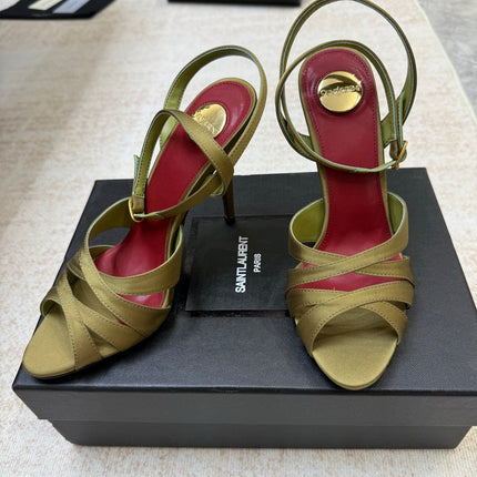 YSL 26S STRAPPY HEELED SANDALS 105 MM IN OLIVE GREEN SATIN