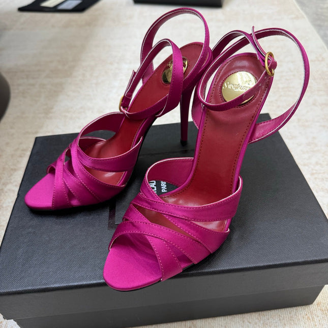 YSL 26S STRAPPY HEELED SANDALS 105 MM IN DARK PINK SATIN