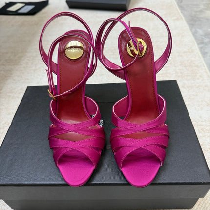 YSL 26S STRAPPY HEELED SANDALS 105 MM IN DARK PINK SATIN