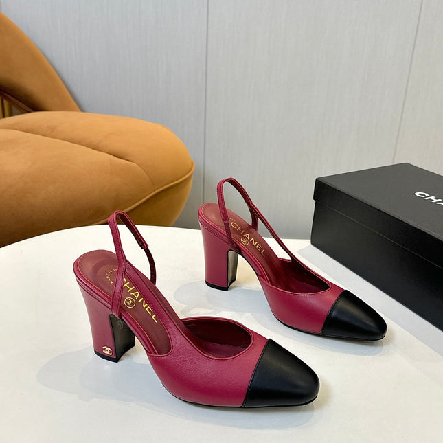 CC SLINGBACK IN BURGUNDY RED MIX BLACK CALFSKIN