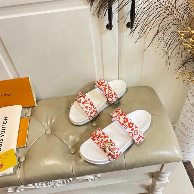 LV 26S DOUBLE-STRAP PILLOW MULES IN WHITE AND ORANGE CANVAS