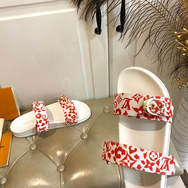 LV 26S DOUBLE-STRAP PILLOW MULES IN WHITE AND ORANGE CANVAS