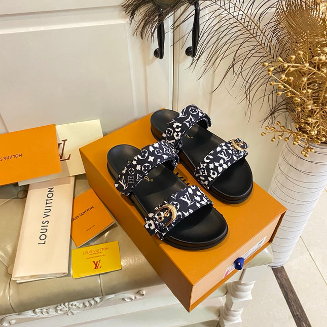 LV 26S DOUBLE-STRAP PILLOW MULES IN WHITE AND BLACK CANVAS
