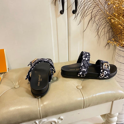 LV 26S DOUBLE-STRAP PILLOW MULES IN WHITE AND BLACK CANVAS