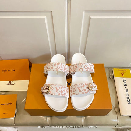 LV 26S DOUBLE-STRAP PILLOW MULES IN WHITE AND DUSTY ROSE CANVAS