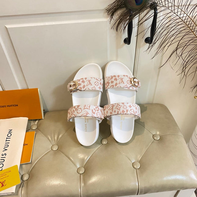 LV 26S DOUBLE-STRAP PILLOW MULES IN WHITE AND DUSTY ROSE CANVAS