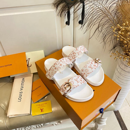 LV 26S DOUBLE-STRAP PILLOW MULES IN WHITE AND DUSTY ROSE CANVAS
