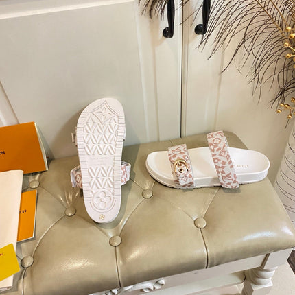 LV 26S DOUBLE-STRAP PILLOW MULES IN WHITE AND DUSTY ROSE CANVAS