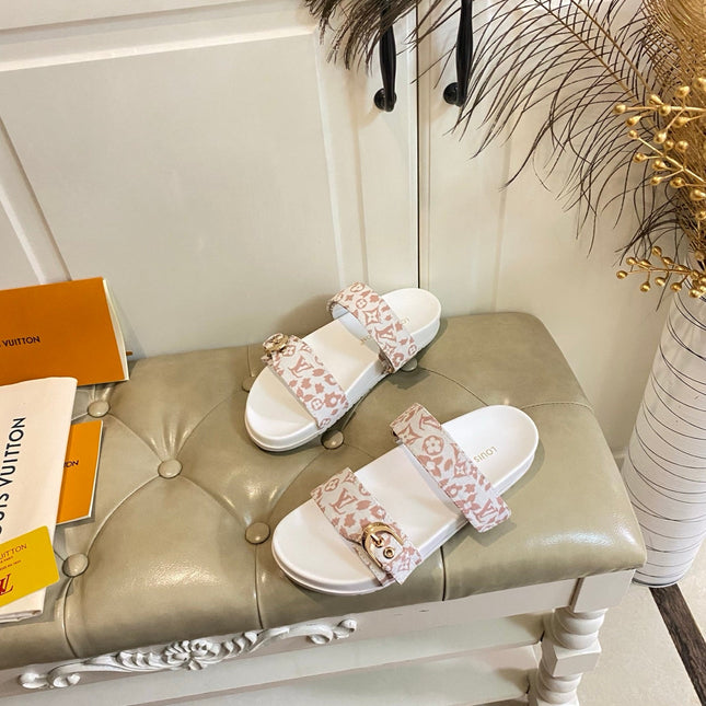 LV 26S DOUBLE-STRAP PILLOW MULES IN WHITE AND DUSTY ROSE CANVAS