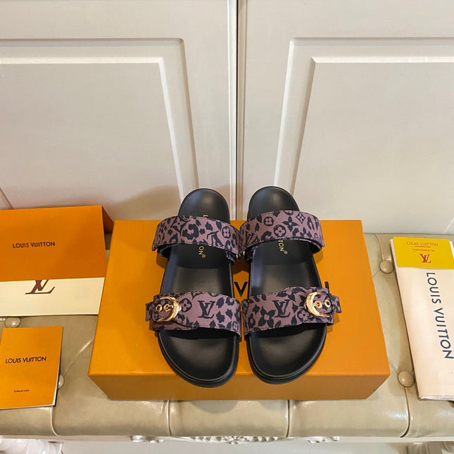 LV 26S DOUBLE-STRAP PILLOW MULES IN DARK PURPLE CANVAS