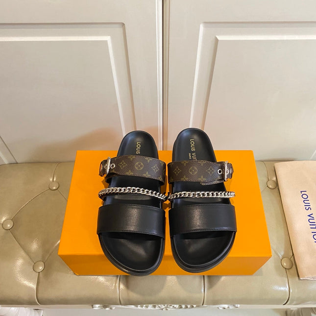 LV 26S STRAP SLIDES IN DARK BROWN CALFSKIN AND CANVAS